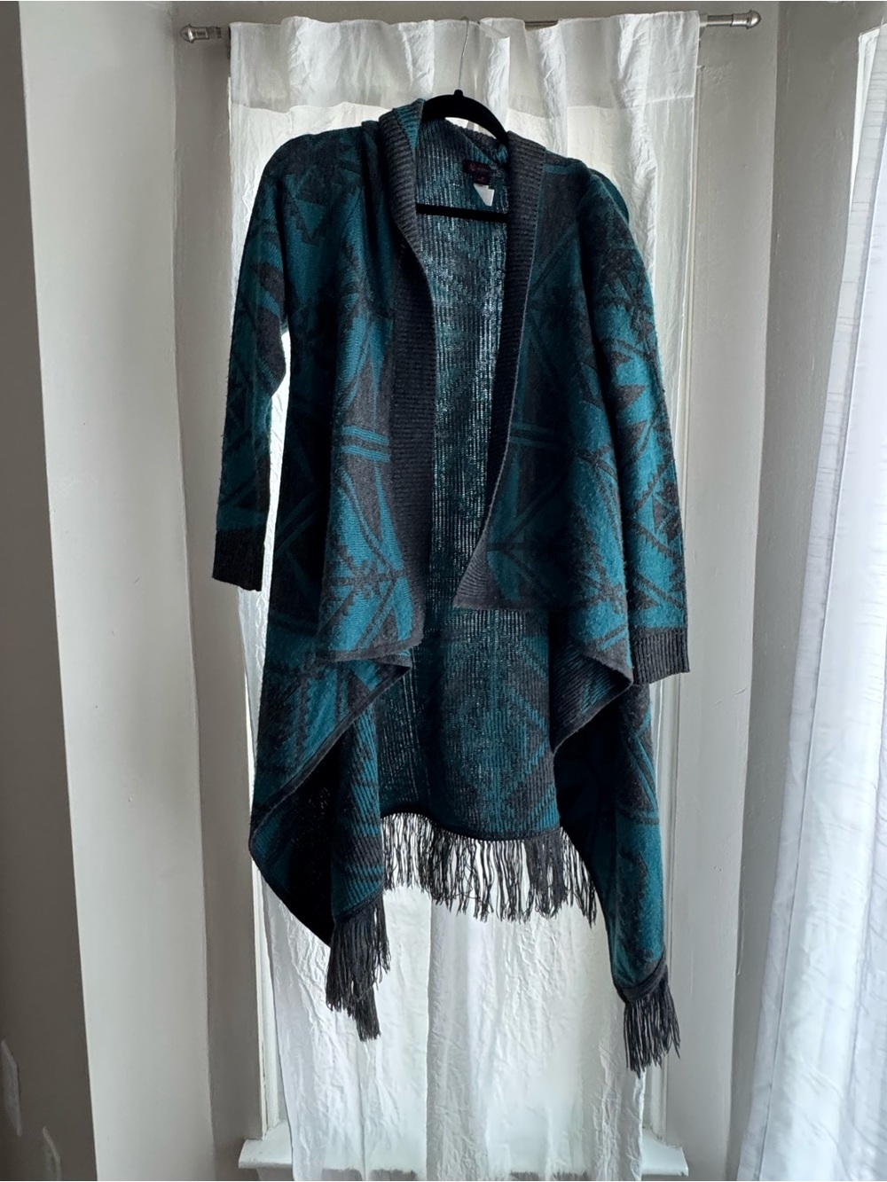 Open-Front Teal and Black Fringe Draped Cardigan